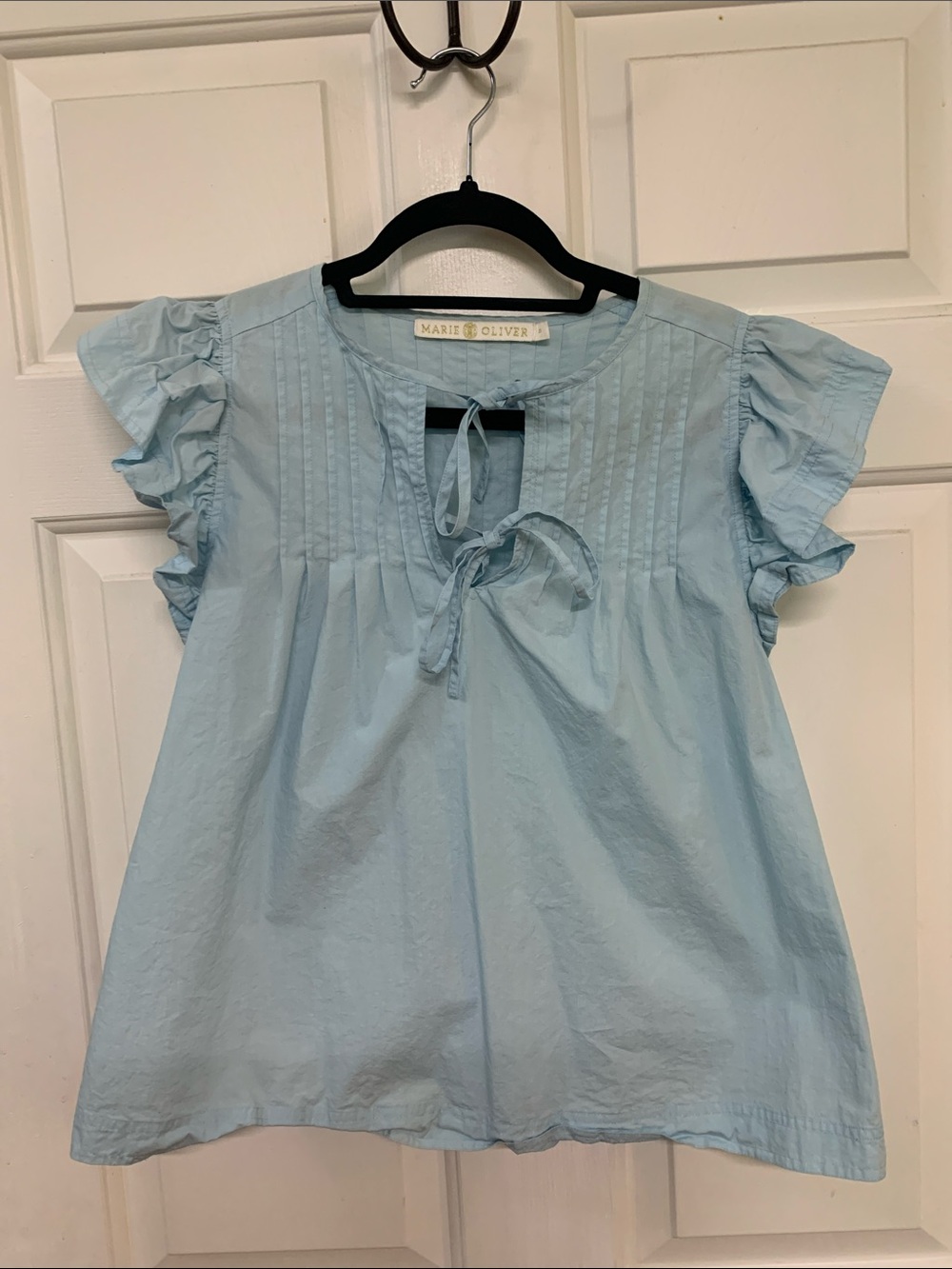 Marie Oliver Pale Blue Ruffle Sleeve Double Tie-Neck Blouse 100% Cotton Size S